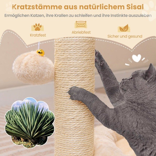 Pieni raapimispylväs kissapuu, jossa riippumatto & sänky & sisalpylväät & kissaharja beige 40 x 30 x 72 cm