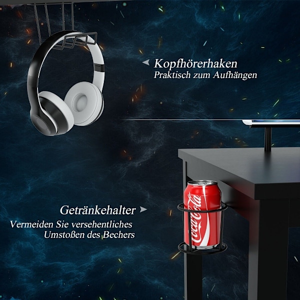 Spillebord 140 cm gaming skrivebord med skærmhylde 155 x 60 x 94 cm sort