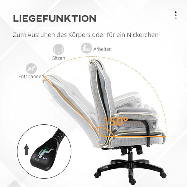Kontorsstolsryggstöd justerbart, 150°, ergonomisk skrivbordsstol med liggfunktion, höj- och sänkbar, ljusgrå