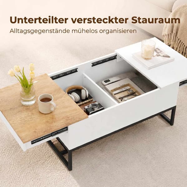 Utdragbart soffbord med dold förvaring, vit och ek