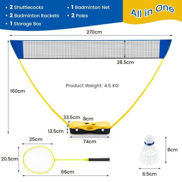 Bærbart badmintonnetsæt 270 cm, ketchere, bæretaske