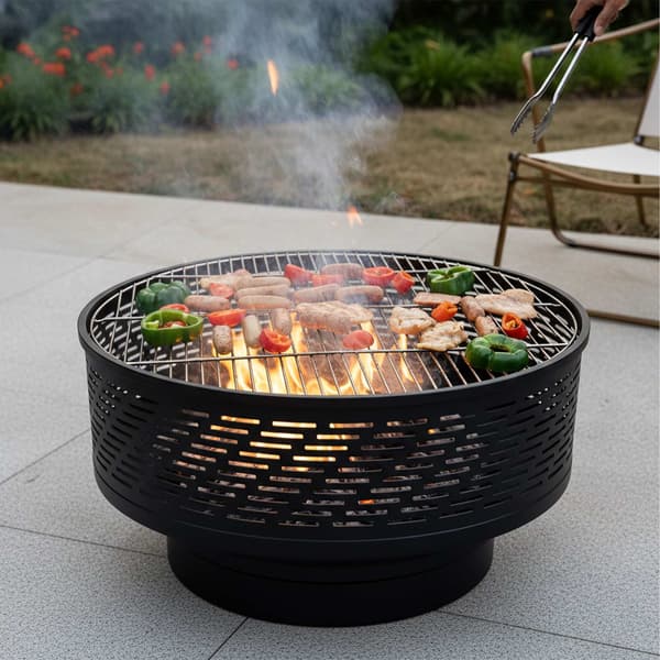 Bålskål med låg og grill – sort, rustfrit stål
