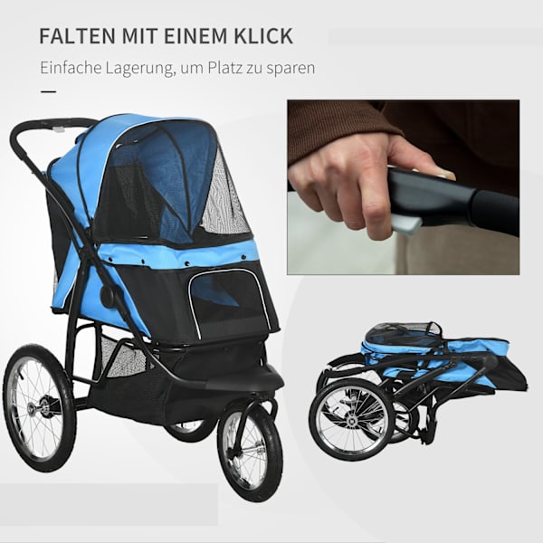 Hundeklapvogn Med Reflekser, Sammenfoldelig, Opbevaringskurv, Solbeskyttelse, Meshvindue, Oxford, Blå