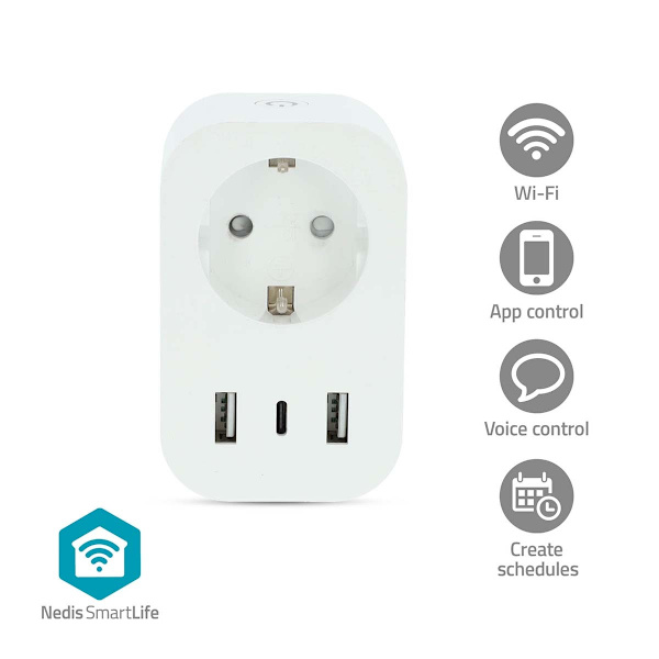 SmartLife Smart Plug | Wi-Fi | IP21 | Effektmåler | 3680 W | Type F (CEE 7/7) / 1x USB-C™ / 2x USB | 0 - 55 °C | Android™ / IOS | Hvid | 1 stk.