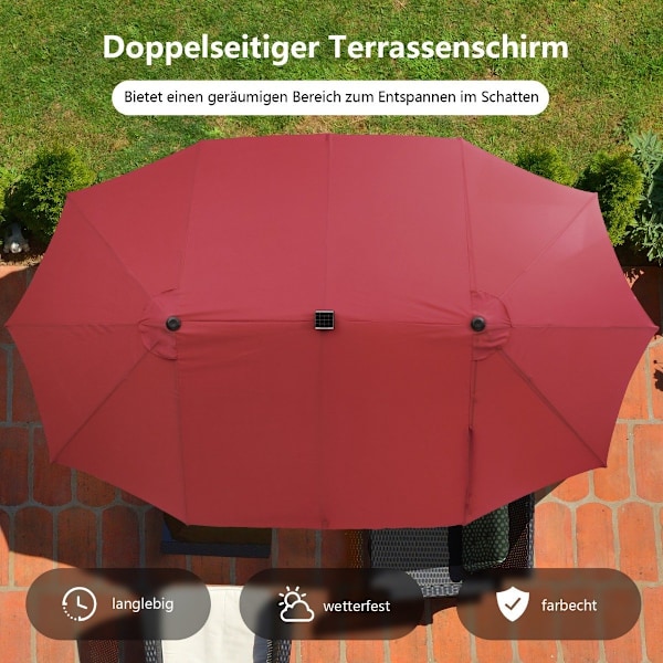 470 cm stor dobbelt terrasseparaply med 48 solcelle-LED-lys og håndsving udendørs paraply rød