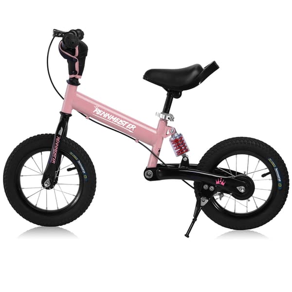12" lyserød løbecykel med affjedring og stativ