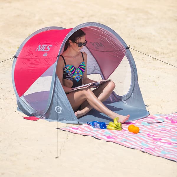 Pop Up strandtält, röd-grå, UV-skydd