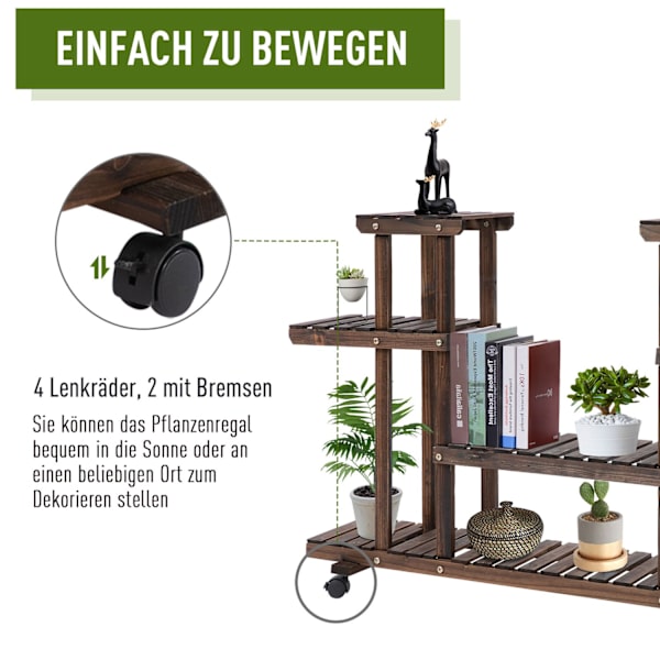 Flower Stand Plant Hylde, Fire Etagers Blomsterhylde, Massivt Træ, Charred, 123,5X33X80Cm