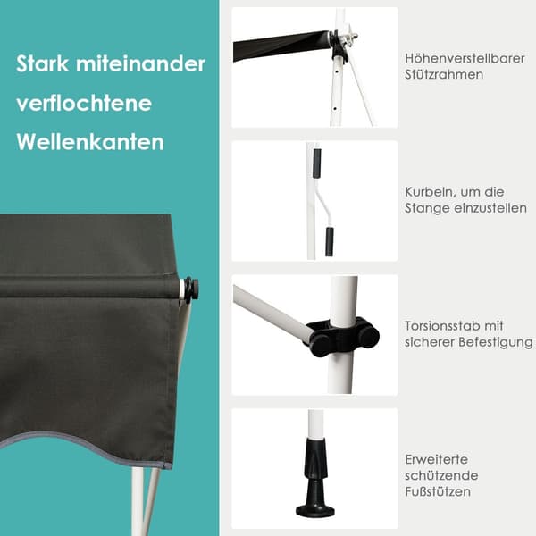Udtrækkelig balkonmarkise, 200 cm bred, UV-resistent, grå