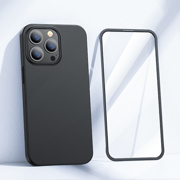Suojakuori iPhone 13 Pro Maxille, taka- ja etukuori + karkaistu lasi, musta