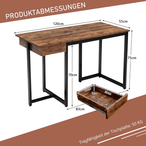 120 cm langt computerbord med skuffe og justerbare puder Computerbord rustik brun