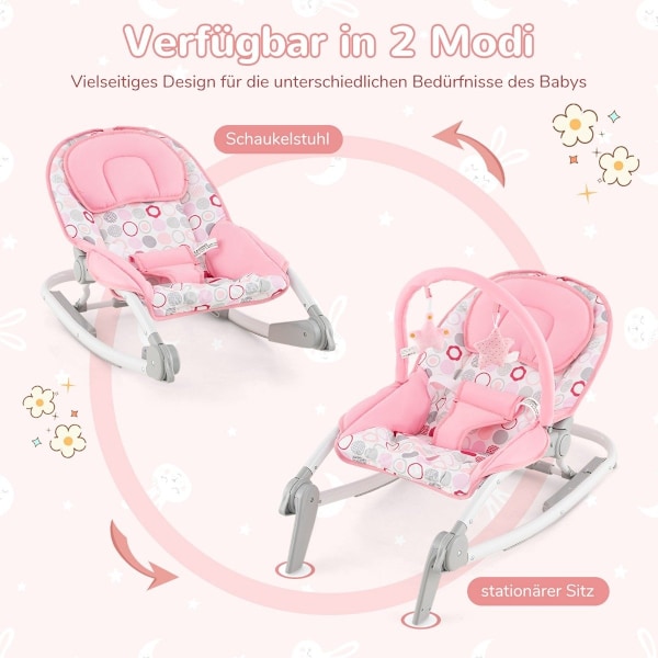 2 in 1 Baby Rocker kokoontaitettava kannettava vauvakeinu 3 tasossa säädettävällä selkänojalla vaaleanpunainen