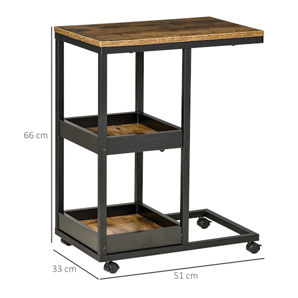 Sidebord Sofabord med Hjul Hylde Industriel stil Sofabord til Stue Soveværelse Mørkebrun 51 x 33 x 66 cm
