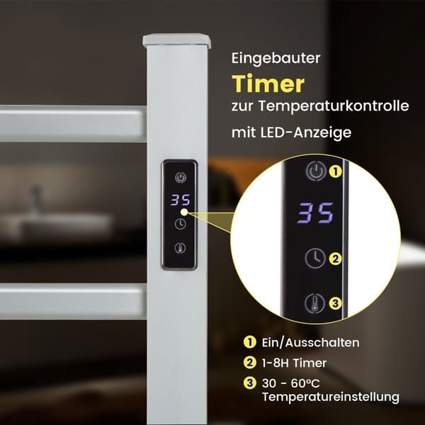 Elektrisk håndklædevarmer, 8-timers timer, overophedningsbeskyttelse