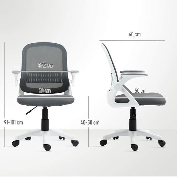Ergonomisk kontorstol i net med foldbare armlæn, grå
