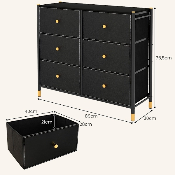 Kommode til soveværelse med 6 skuffer høj stof kommode med metalramme 89 x 30 x 76,5 cm sort