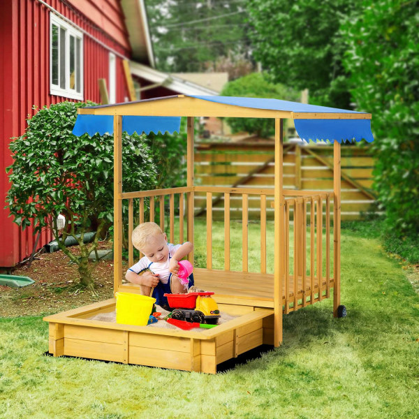 Solrig Sandkasse Med Tag, Træsandkasse Med Legehus, Hjul, Til 3-8 År, 133X129X137,5Cm, Have, Natur