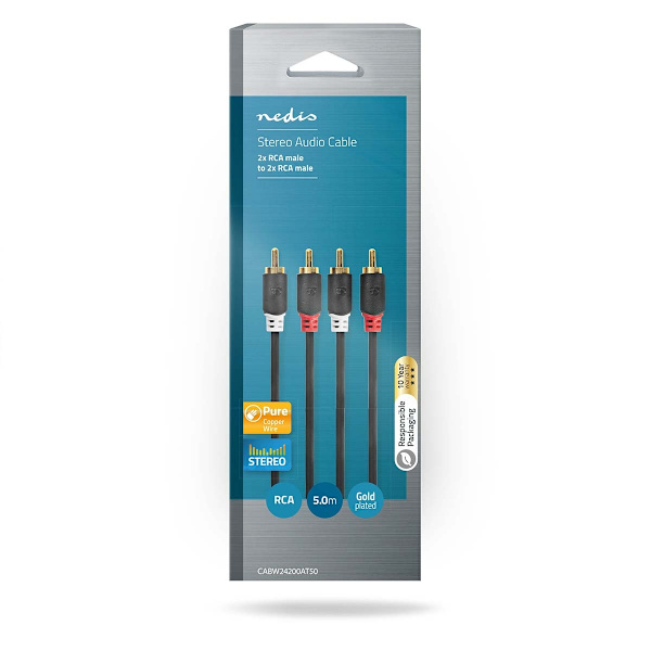 Stereo Audio kabel | 2x RCA Hanstik | 2x RCA Hanstik | Guldplateret | 5.00 m | Runde | Antracit | Box