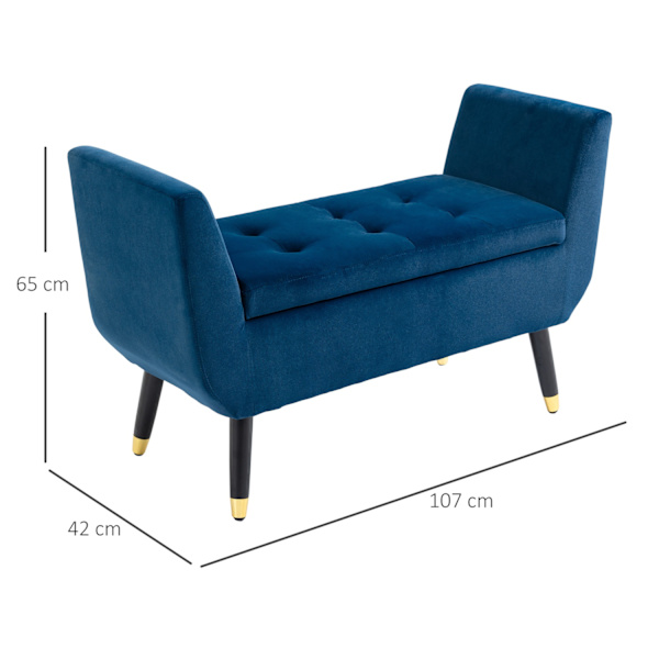Luksuspenkki Säilytystilalla Verhoiltu Penkki Sininen, Samettinen Polyesteri, Kumipuu, Käsinojilla, 107X42X65Cm