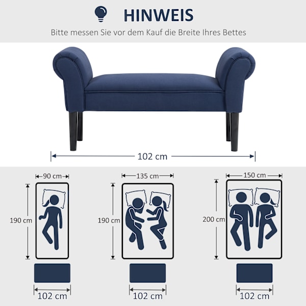 Sengebænk, polstret bænk, bænk, entrebænk til soveværelse, bæreevne op til 130 kg, sejlstof, blå, 102 x 36 x 51 cm