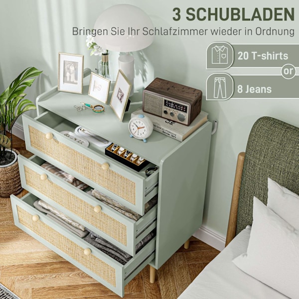 Kommode sideskab med 3 skuffer, skænk med boho stil, rattan look, skuffe kommode til stue, soveværelse, lyseblå 80 x 40 x 87,5 cm