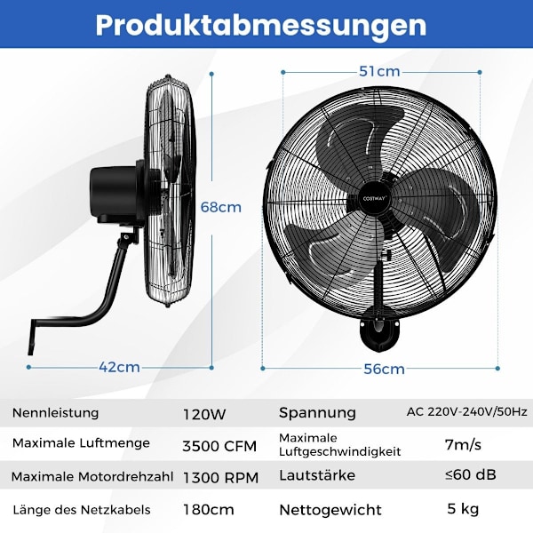 Ø56 cm Väggfläkt Oscillerande Fläkt för Lager Växthus Verkstad Terrass och Källare Svart