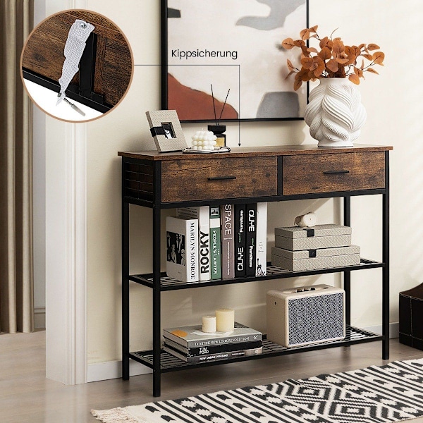 100 cm konsolbord med 2 lådor 3 våningar hallbord av trä sidobord med metallram rustik brun