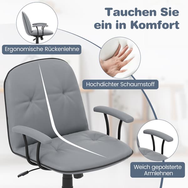 Ergonomisk kontorstol, kunstlæder, polstrede armlæn, grå