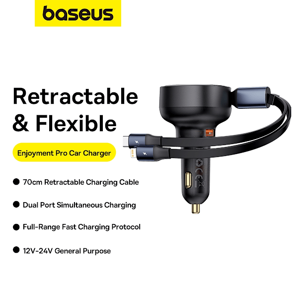 Billaddare med USB-A och utdragbar USB-C kabel iPhone 60W svart