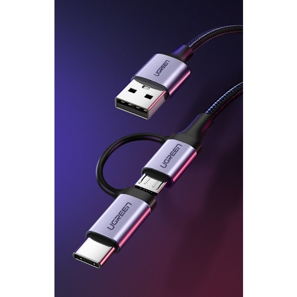 2-i-1 stærkt flettet kabel USB - microUSB + USB-C 1m 2,4A sort