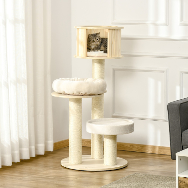 Kat Kradsestolpe Med Kattehule, Tre Niveauer, Træ, Sisal Stolper, Legebolde, 122 Cm Højde