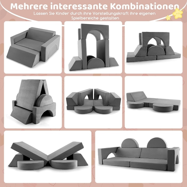 Modulaarinen lasten sohva, leikkisohva, moduulisohva irrotettavalla päällyksellä, 105,5 x 101 x 48 cm, harmaa