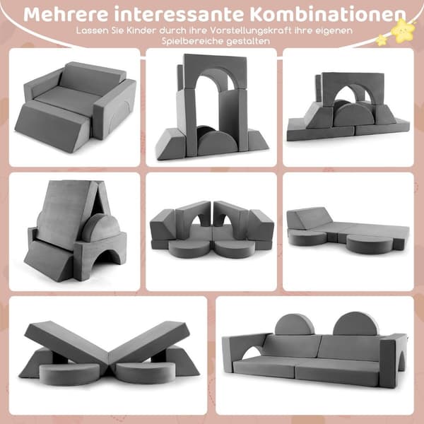 Moduluppbyggd barnsoffa, leksoffa, modulsoffa med avtagbart överdrag, 105,5 x 101 x 48 cm, grå