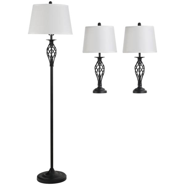 Set Med 3 Lampor 2 Bordslampor 1 Golvlampa Vintage Metall Bomull