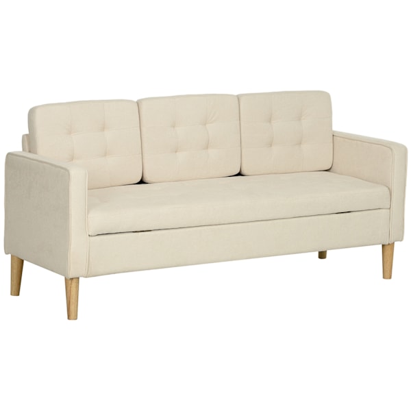 3 personers sofa, sofa med opbevaringsplads, træben, polstret sofa med fløjlslook til stue, soveværelse, 166,5 x 62 x 82 cm, cremehvid