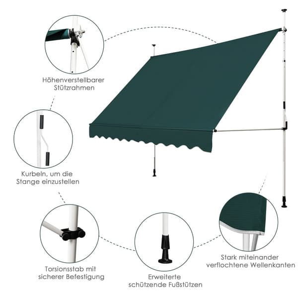 Utdragbar balkongmarkis, 300 cm, borrfri, UV-resistent