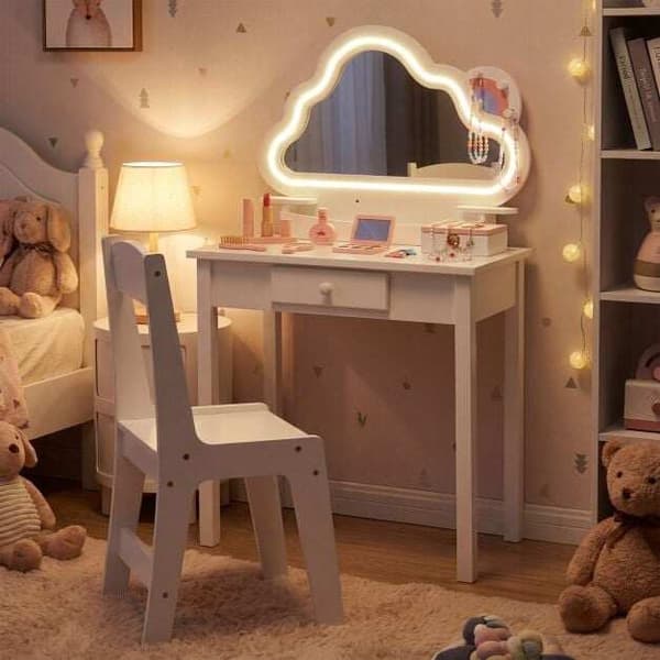Barnmöbelset med LED-molnspegel och pall, vit