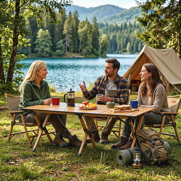 Hopfällbart campingbord i aluminium, 117x60 cm, ihopfällbart trälook