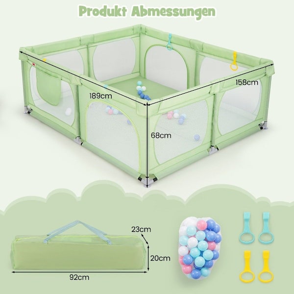 Babykravlegård med 4 trækringe & 50 havbolde & åndbart mesh & bæretaske Grøn