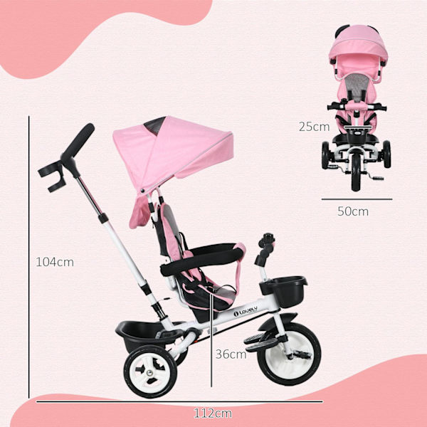 2-In-1 Kolmipyörän Työntötanko Lasten Kolmipyörän Turvavyö Taitettava Aurinkokatos Juomapidike Koripoljin 1-5 Vuotta Pinkki