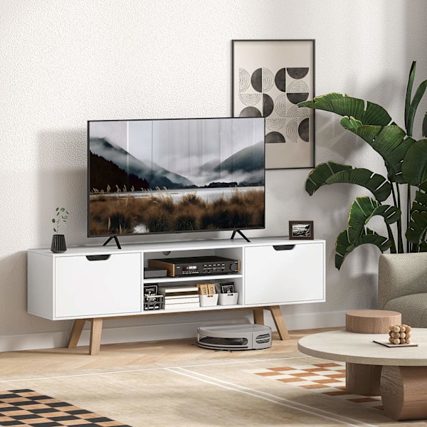 TV-kaappi, TV-taso televisioille 65 tuumaan asti, alhaalla 2 kaappia ja 2 hyllyä, TV-kaappi olohuoneeseen, 150 x 39 x 50 cm valkoinen