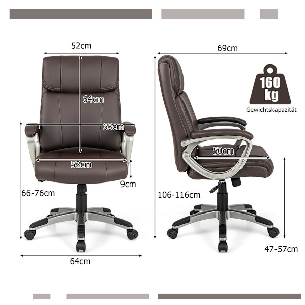 Executive stol vridbar skrivbordsstol av konstläder med vippfunktion och justerbar höjd 64 x 69 x 106-116 cm brun