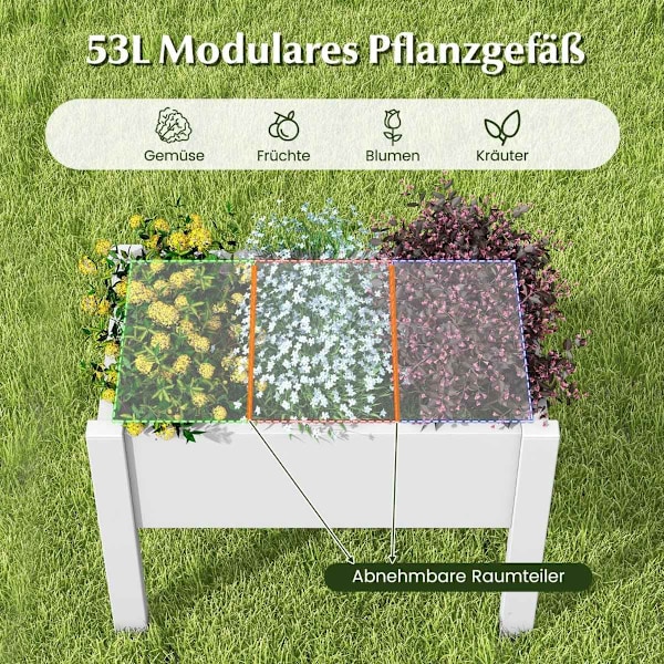 Upphöjd säng av plast, självvattnande trädgårdssäng, 53L, 76 x 45 x 61 cm, vit
