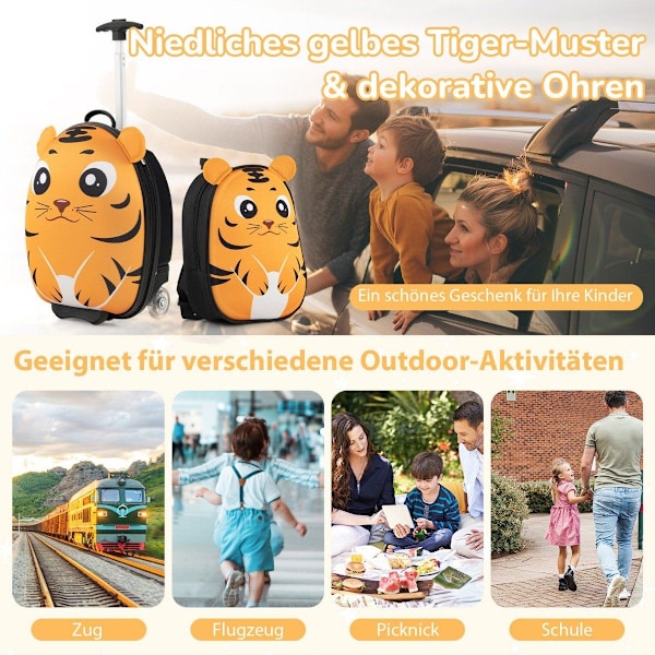 2-osainen lasten matkalaukku & reppu pyörillä ja 3-vaiheisella teleskooppikahvalla 12"+16" lastenvaunu Tiger
