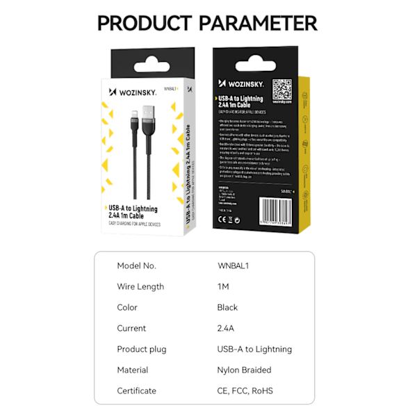 Punottu kaapeli iPhonelle USB-A - Lightning 2.4A 1m musta