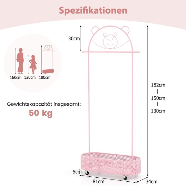 Børnetøjsstativ højdejusterbar fra 130cm/150cm/182cm frakkestativ på hjul pink