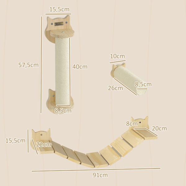 Kattklätterväggsset, 3-delad kattmöbel med skrapstolpe, stegplatta, stege, väggskrapstolpe för katter upp till 5 kg, gjord av furu, naturligt trä