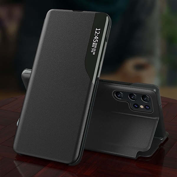 Kotelon kansi Samsung S24 Ultralle läpällä ja jalustalla Eco Leather View Case musta