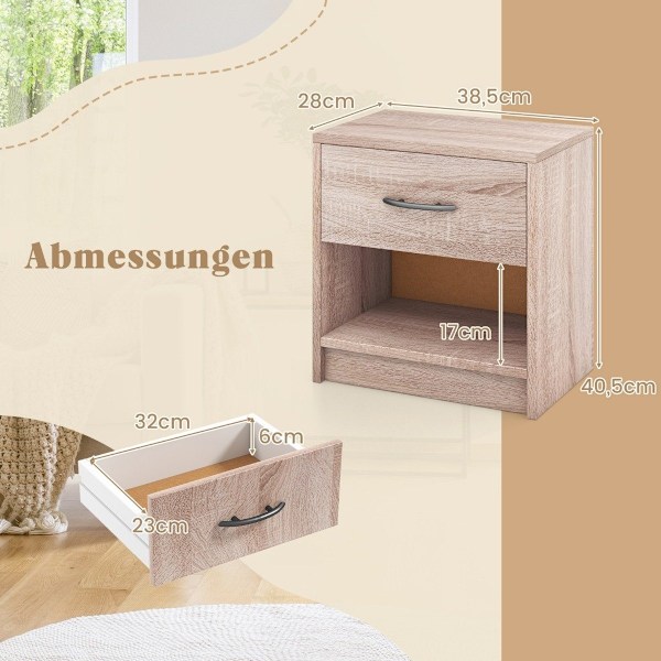 Sengebord med skuffe Lille sidebord med åbent rum 38,5 x 28 x 40,5 cm natur
