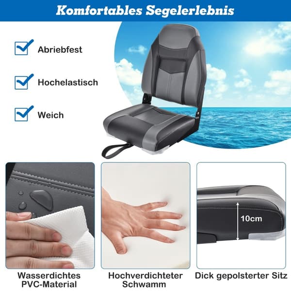 Hopfällbart båtsäte, hög rygg, tjock dyna, svart